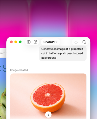 Tela do MacBook Neo, com o ChatGPT gerando a imagem de uma toranja. A segunda janela mostra a imagem de uma alcachofra em um fundo degradê no Keynote