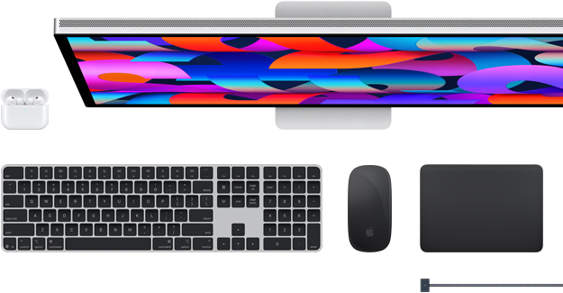 Acessórios para Mac: AirPods, Studio Display, Magic Keyboard, Magic Mouse, Magic Trackpad, cabo para recarga MagSafe