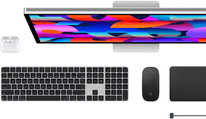 Acessórios para Mac: AirPods, Studio Display, Magic Keyboard, Magic Mouse, Magic Trackpad, cabo para recarga MagSafe