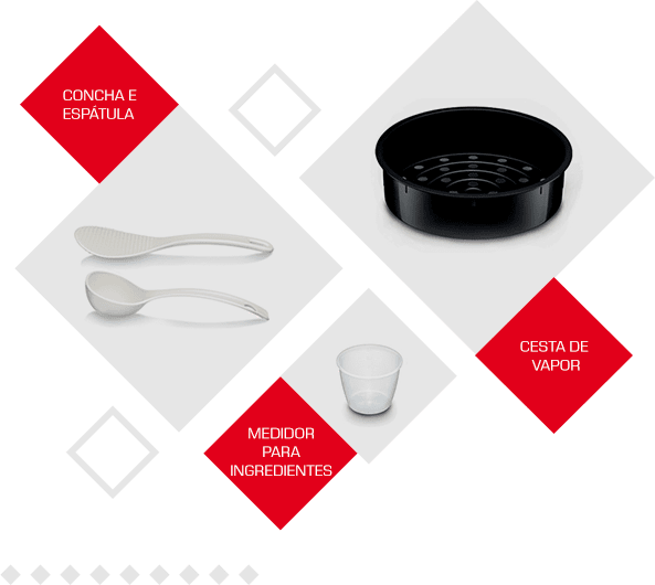 Cesta de vapor, concha e espátula, medidor para ingredientes