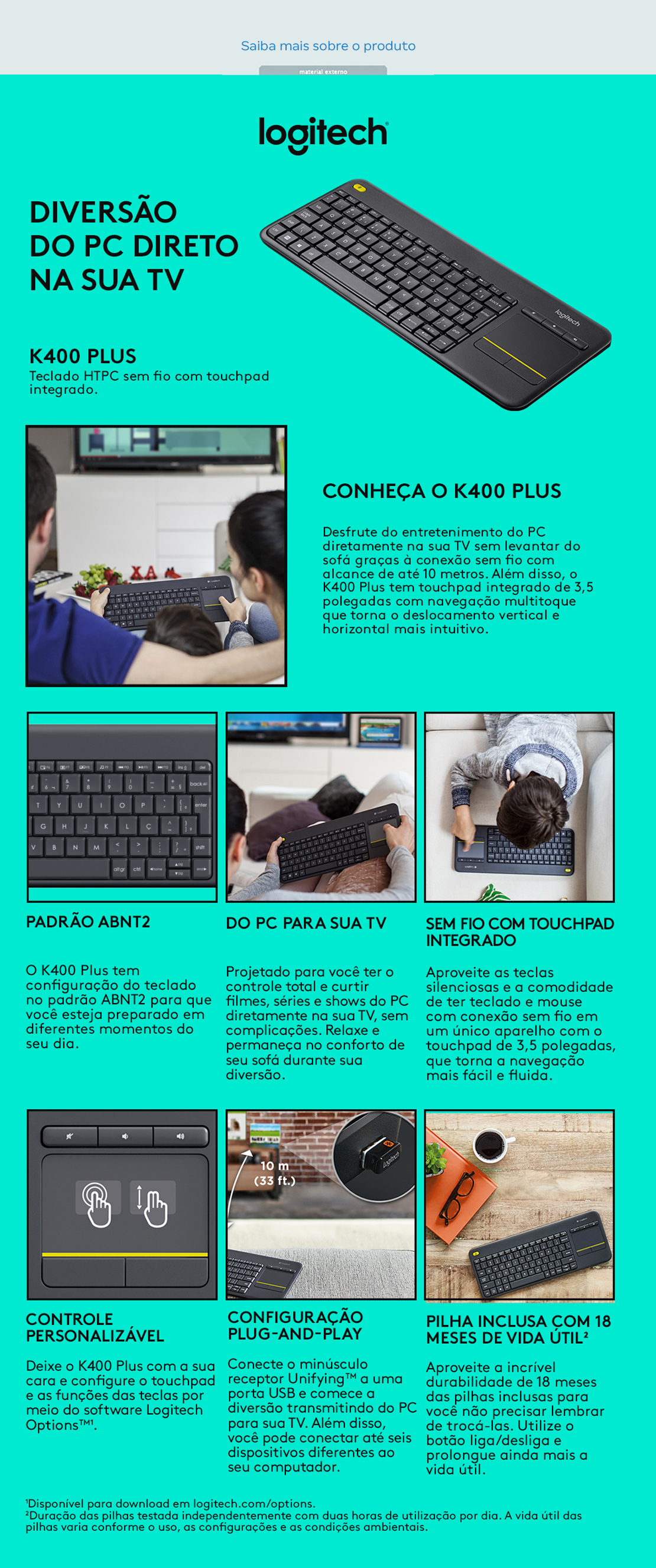 Teclado Sem Fio Logitech K400 Plus Tv Com Touchpad Abnt2 Teclado