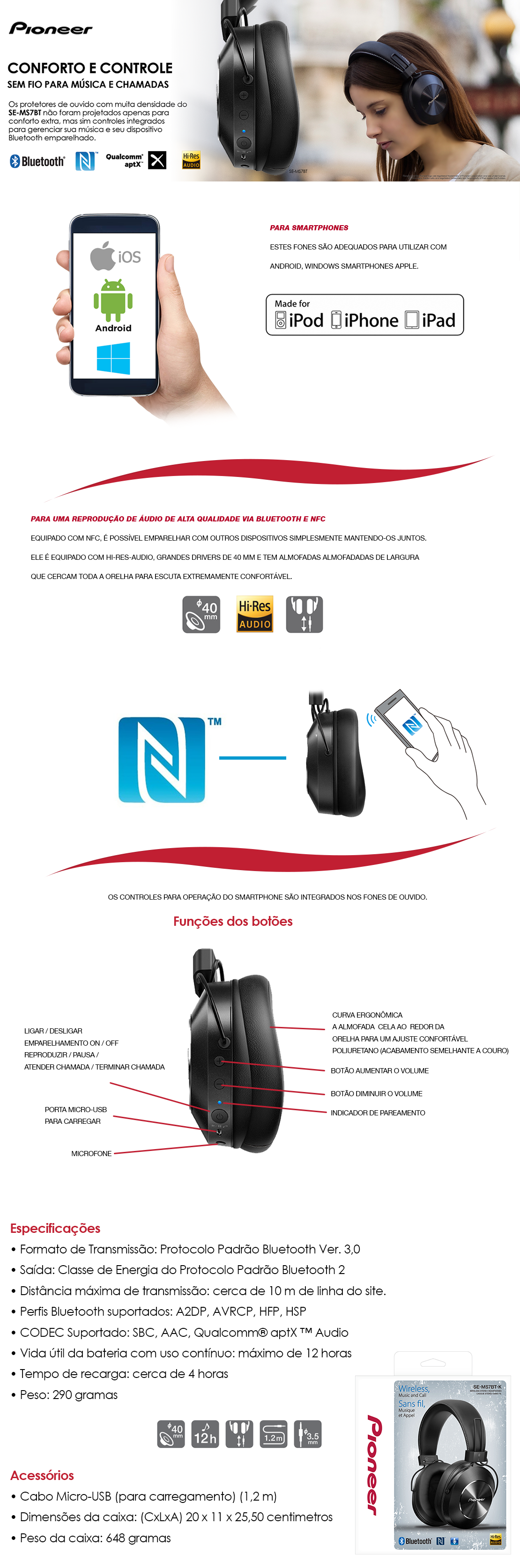 Fone de Ouvido Pioneer SE-MS7BT - K