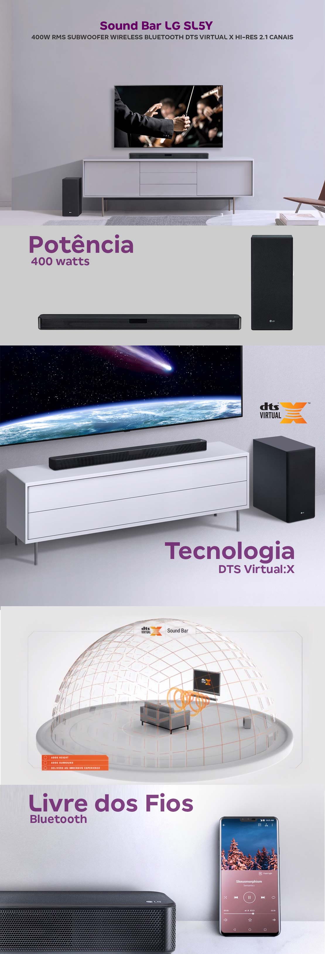 Soundbar LG SL5Y 400W, 2.1CH, Dolby Digital, Wi-Fi, Bluetooth, MP3