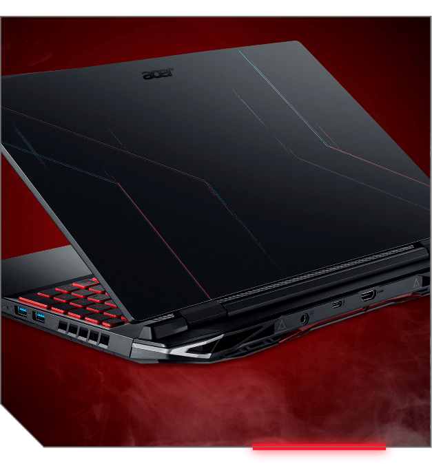 Notebook Acer Nitro 5 com tampa semi aberta, visto de costas e à esquerda, teclado iluminado em vermelho.
