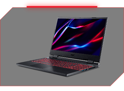 Note Acer Nitro 5 virado à esquerda, tampa aberta, teclado iluminado em vermelho, desenho abstrato na tela em azul e vermelho.