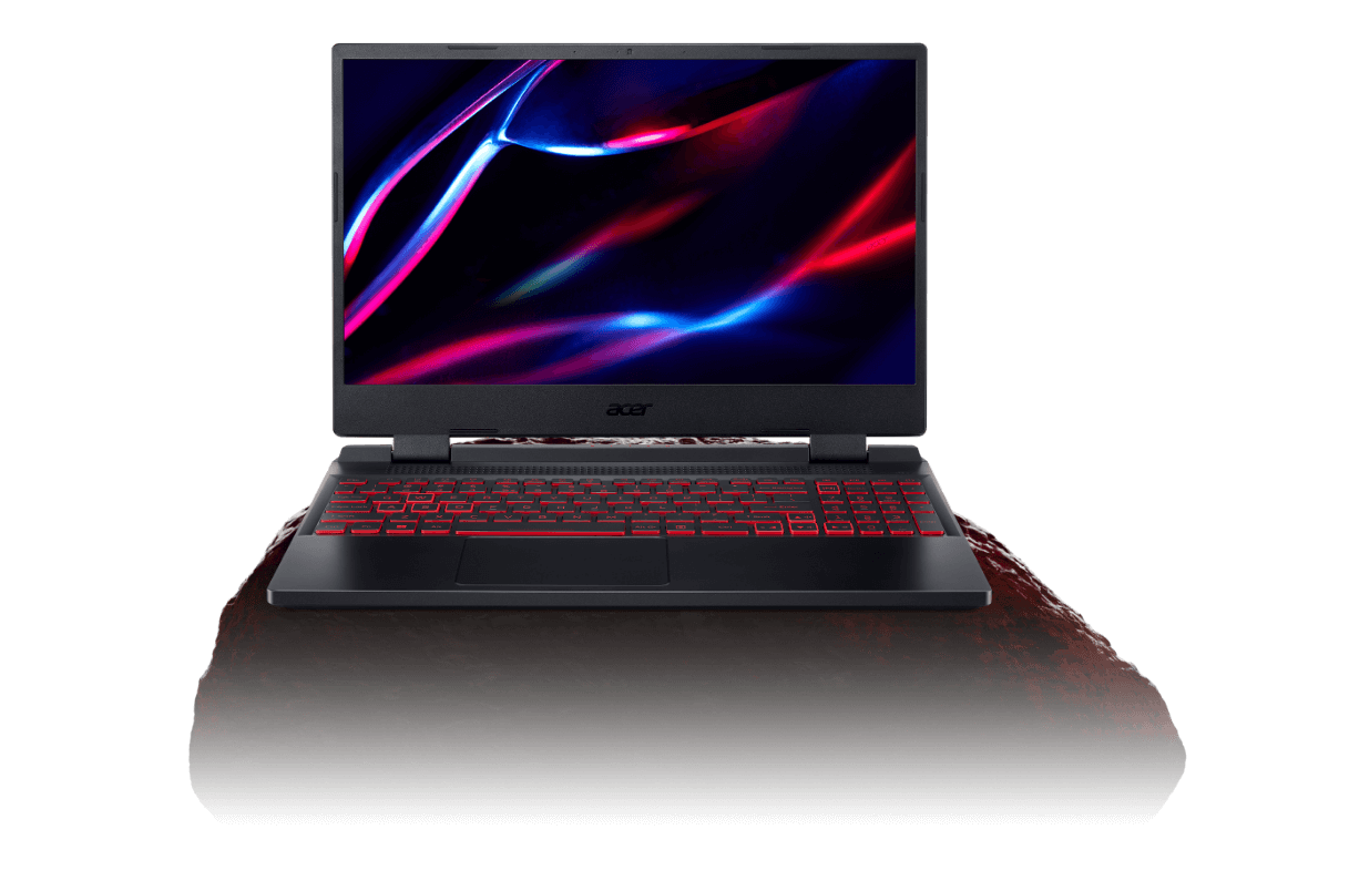 Notebook Acer Nitro 5 de frente, teclado iluminado de vermelho, sobre uma rocha. Na tela, imagem abstrata em azul e vermelho.