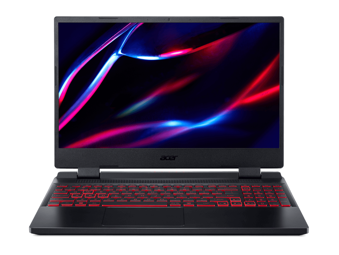 Notebook Acer Nitro 5 vista frontal, teclado iluminado em vermelho, desenho abstrato em azul e vermelho na tela.