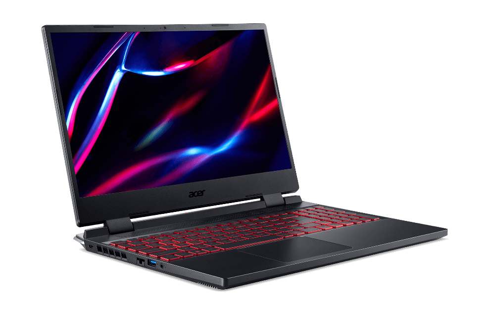 Note Acer Nitro 5 virado à esquerda, tampa aberta, teclado iluminado em vermelho, desenho abstrato na tela em azul e vermelho.