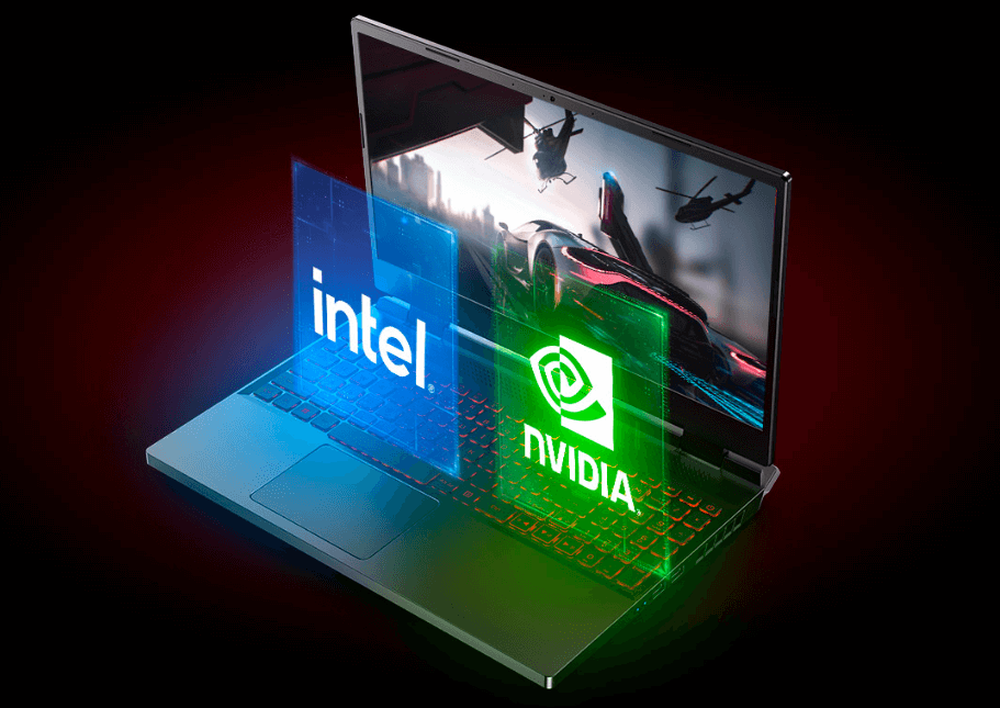 Notebook Acer Nitro 5, imagem de helicópteros na tela, no teclado, logos tridimensionais da intel, azul e da nvidia, verde.