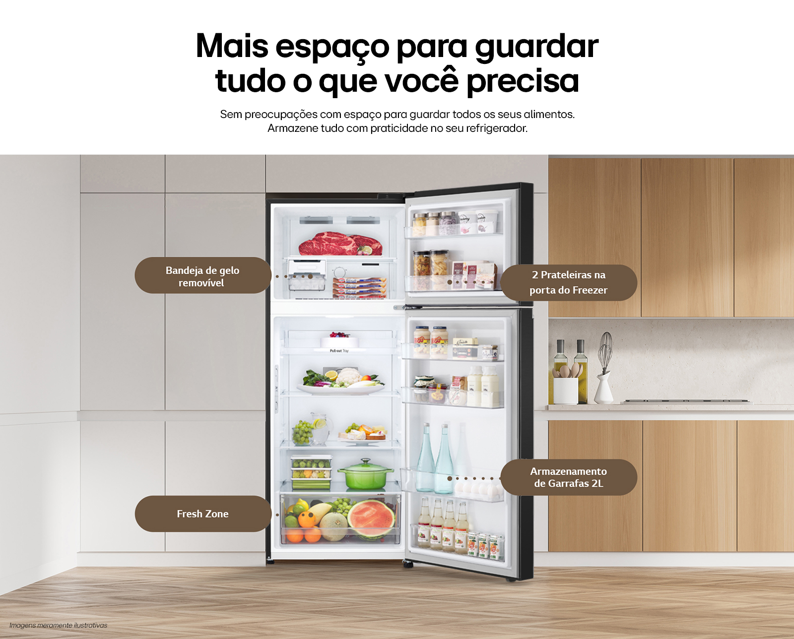 Geladeira aberta mostrando seus compartimentos e como a disposição dos itens se encaixa perfeitamente
