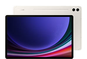 Front view of a Galaxy Tab S9+ in Beige with a blue wallpaper onscreen. Behind, another Galaxy Tab S9 Ultra in Beige with the back facing forward and the Samsung logo shown.
