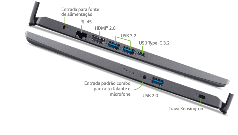Imagem de um notebook Acer com os seus conectores laterais