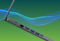 Notebook acer inclinado flutuando em ondas sonoras saindo dele