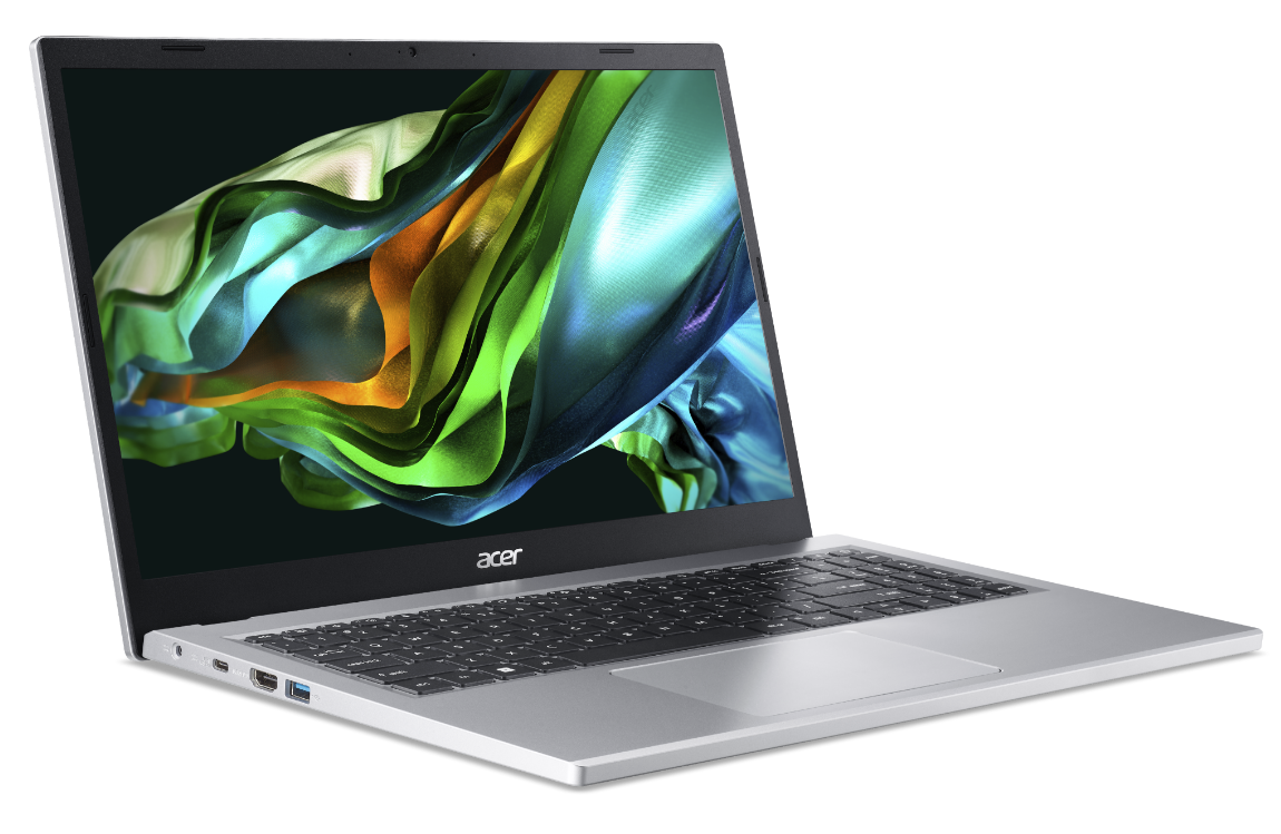 Notebook Acer Aspire 3 virado à direita com imagem abstrata em azul, verde e laranja na tela.