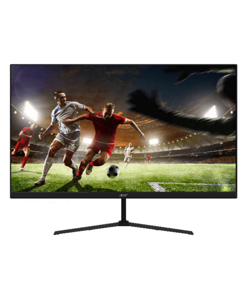 Monitor Acer com imagem de jogo de futebol na tela, onde jogador está de frente com goleiro.