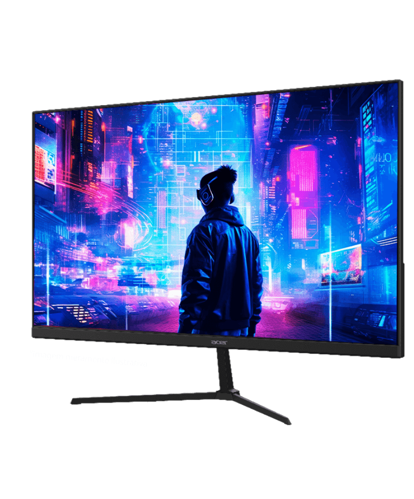 Monitor Acer, na tela pessoa de costas que parece imersa em um um mundo 3D de jogo.