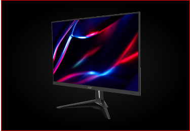 Monitor Acer levemente à esquerda, imagem abstrata em azul e vermelho na tela.