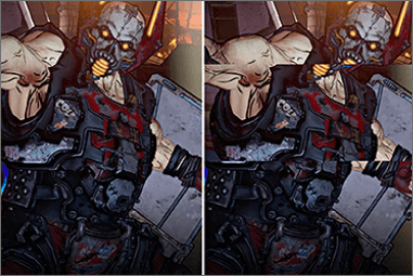 Imagem de jogo ilustrando comparativamente com Freesync ativado e desativado
