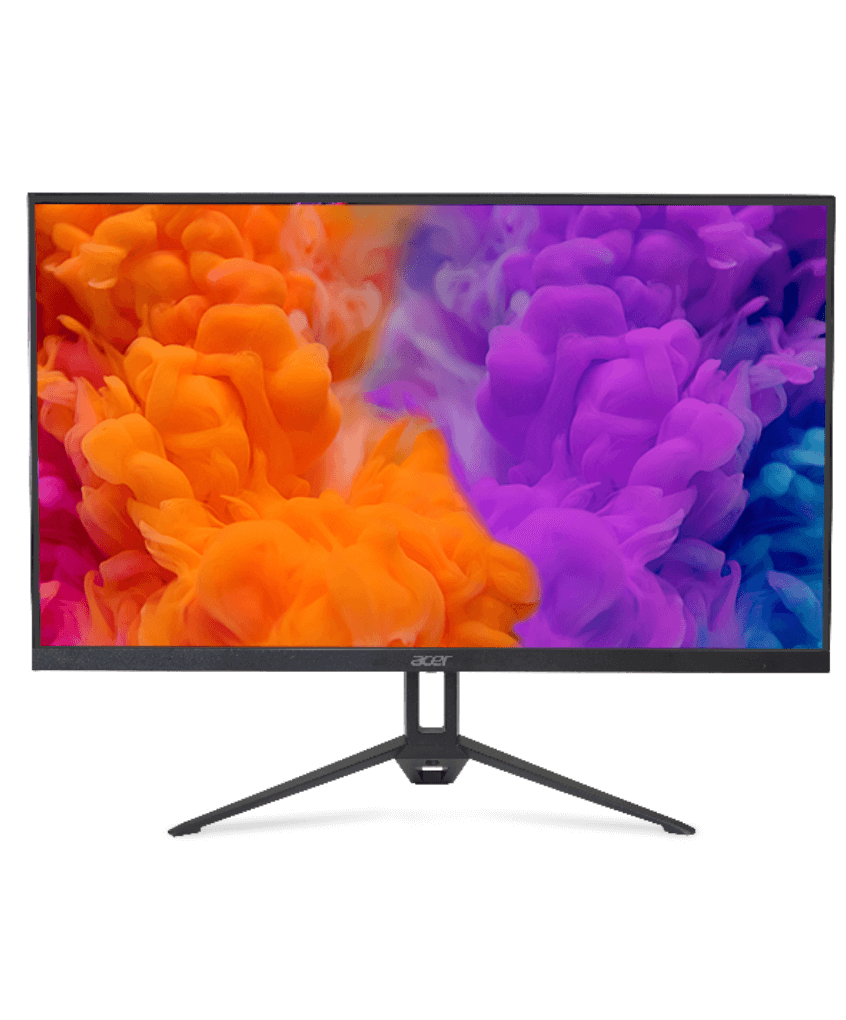 Monitor Acer com fumaça de explosão de cores na tela.