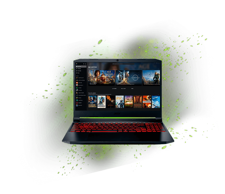 Notebook nitro 5 visto de frente com diversas capas e jogo na tela, teclado iluminado em vermelho.