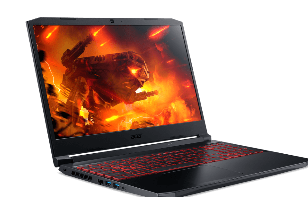 Note Acer Nitro 5 virado à direita, tampa aberta, teclado iluminado em vermelho, na tela, robô de guerra em meio a chamas vermelhas.