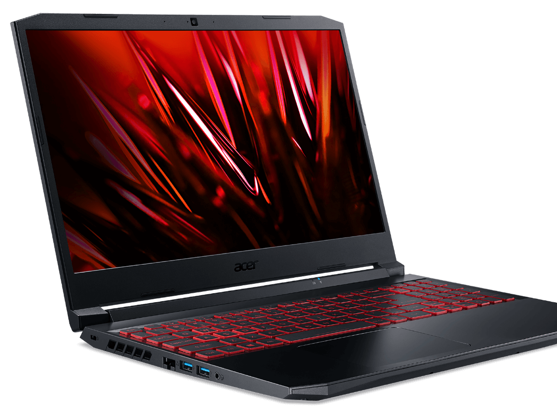 Notebook Acer Nitro 5 vista lateral, teclado iluminado em vermelho, desenho de cristais vermelhos na tela.