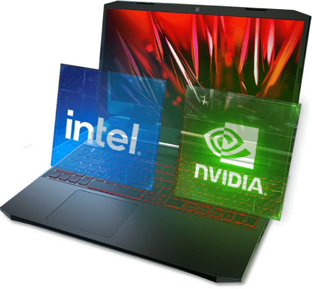 Notebook Acer Nitro 5, imagem de cristais na tela, no teclado, logos tridimensionais da intel, azul e da nvidia, verde.