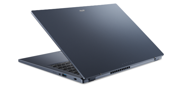 Notebook Acer Aspire 3 visto de trás e à esquerda com tampa metade aberta.