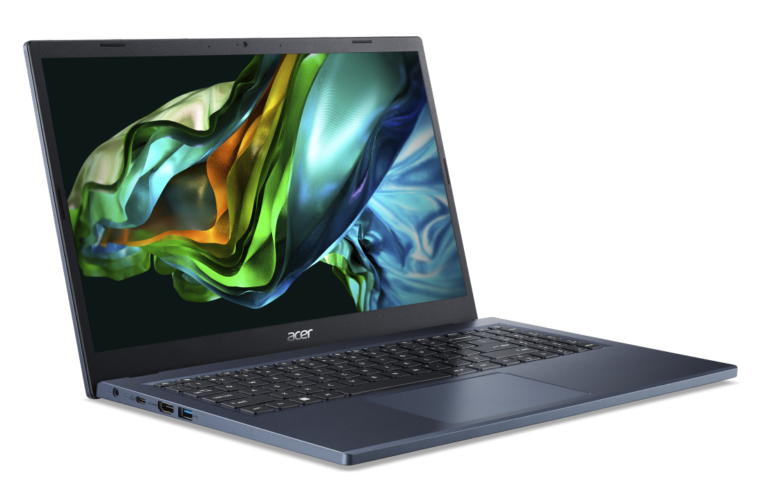 Notebook Acer Aspire 3 virado à direita com imagem abstrata em azul, verde e laranja na tela.