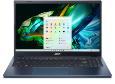 Notebook Acer Aspire 3 visto de frente com imagem abstrata em azul, verde e laranja na tela.