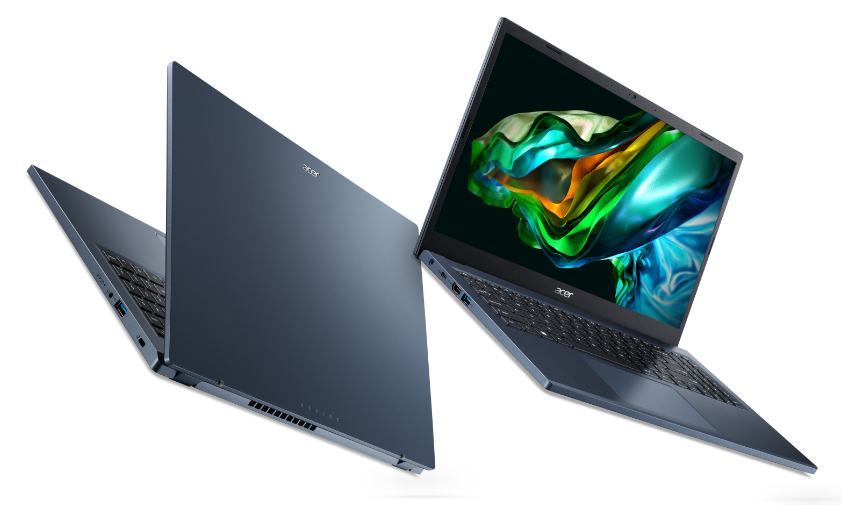 Computadores Aspire 3, um visto de frente e outro pouco virado a direita, imagem abstrata na tela.