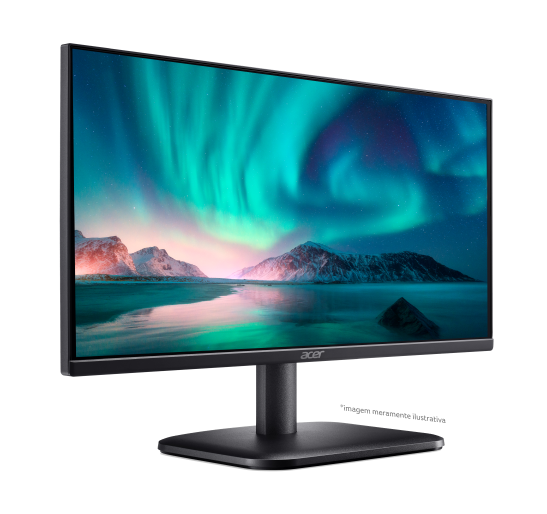 Monitor Acer visto de frente e à direita com imagem de montanha e céu parecendo aurora boreal em tom azul.