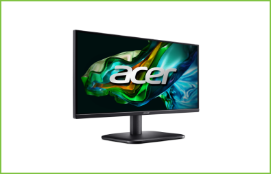 Monitor Acer visto de frente e à direita. Tela com imagem abstrata em formato de onda verde e azul.