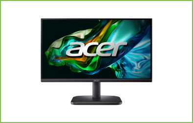 Monitor Acer visto de frente. Tela com imagem abstrata em formato de onda verde e azul e logo Acer ao centro.