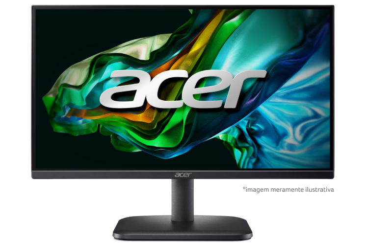 Monitor Acer visto de frente. Tela com fundo abstrato em azul e verde e a palavra Acer em branco ao centro.