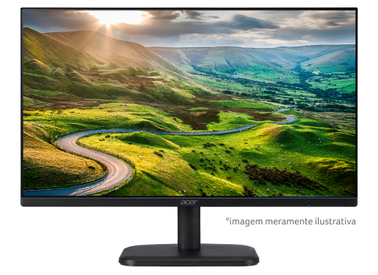Monitor Acer visto de frente com imagem de estrada cortando um vale ao lado de montanha.