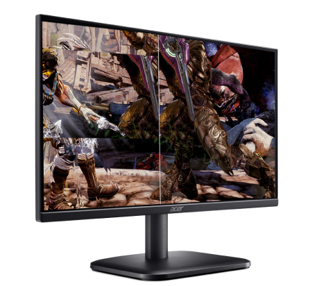 Monitor Acer visto de frente e à direita com imagem de jogo na tela..