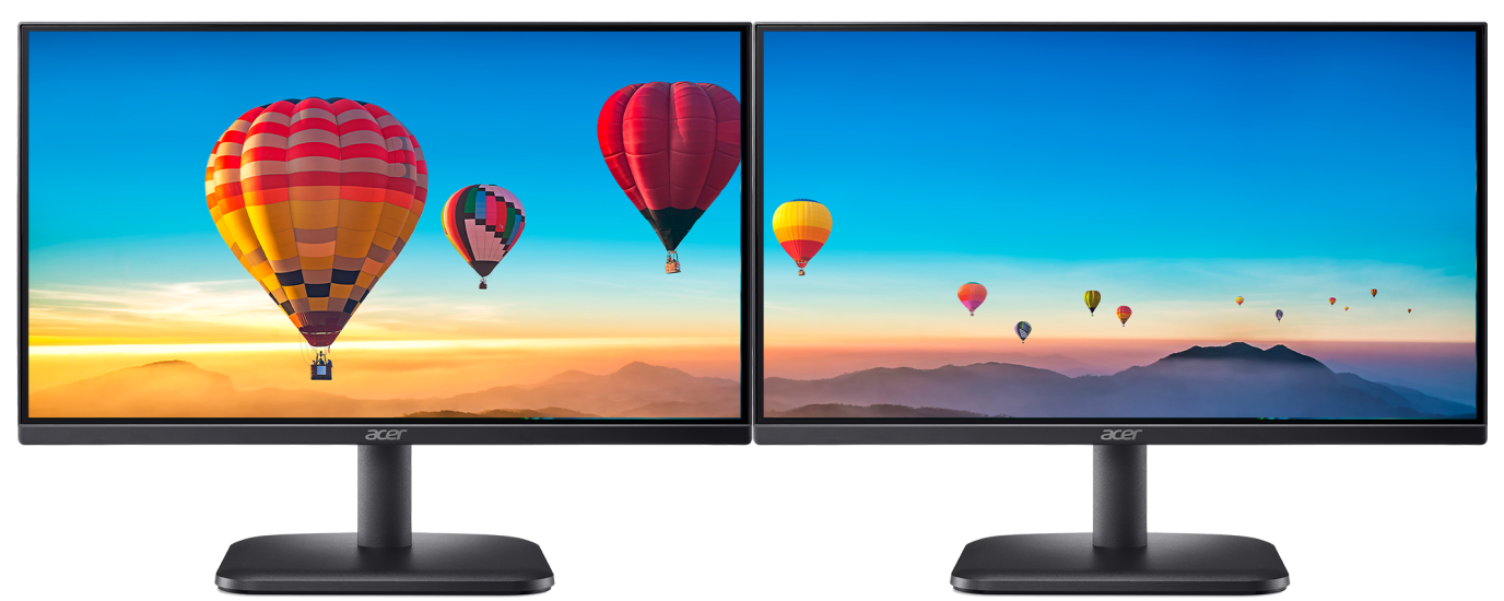 Dois monitores Acer lado a lado com imagem de balões sobrevoando acima de nuvens nas telas.