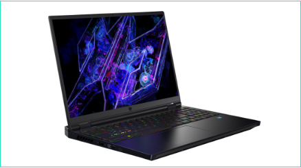 Notebook Predator visto de frente e à direita, com logo Predator em 3D e azul na tela