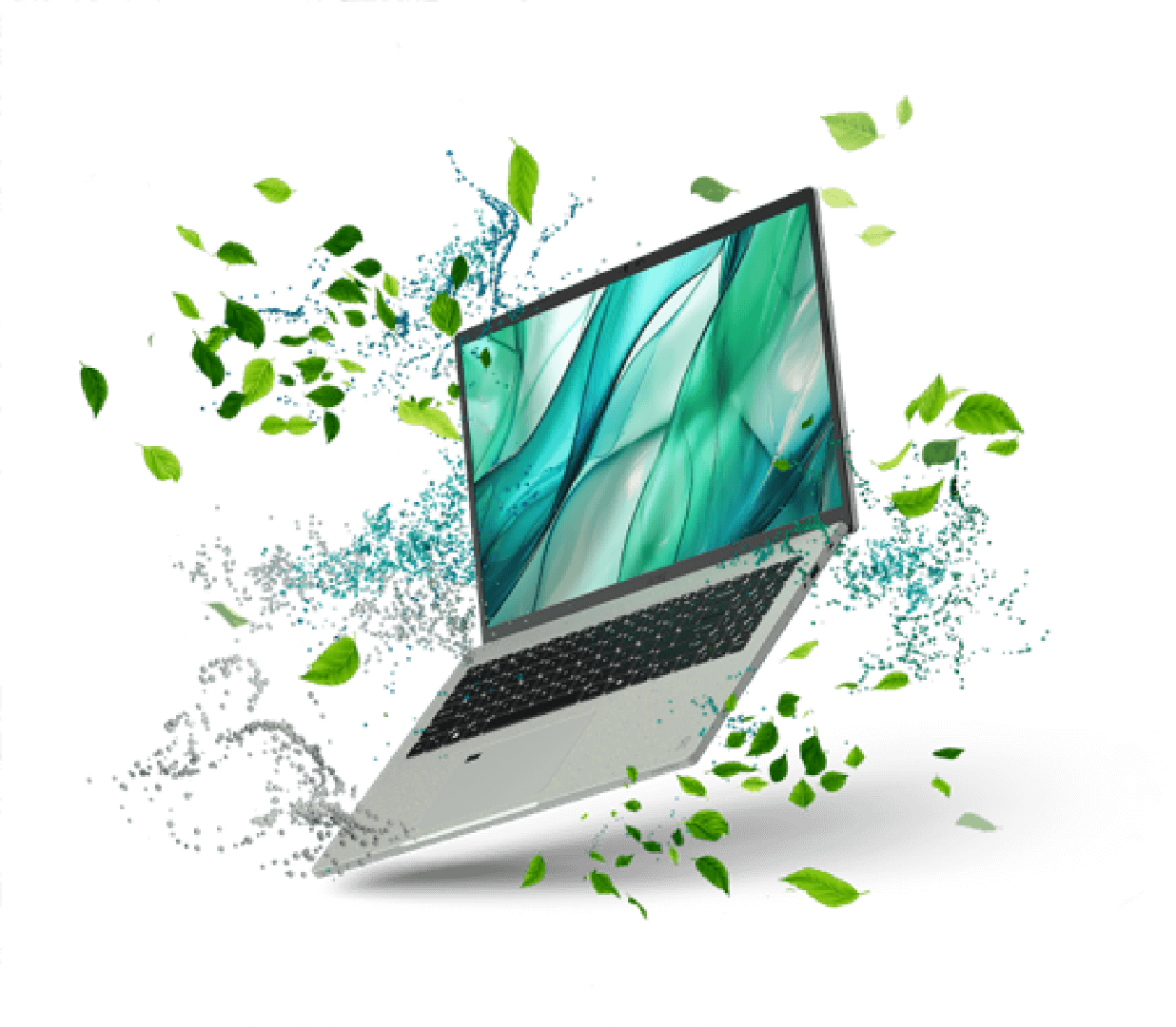Notebook Aspire Vero em meio a folhas, parece flutuar.