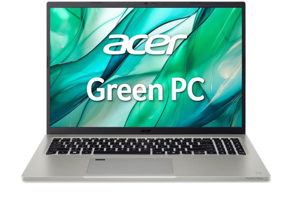 Notebook Aspire Vero visto de frente, com vídeo na tela exibindo detalhes do design ecológico.