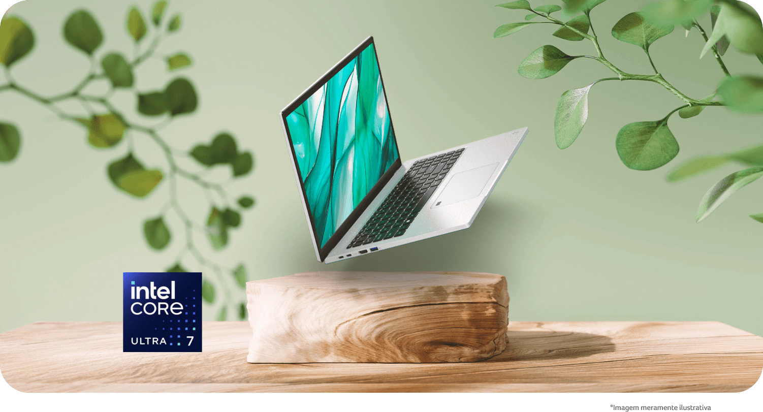 Notebook Aspire Vero parece flutuar sobre superfície de madeira ao lado de logo intel core ultra 7.