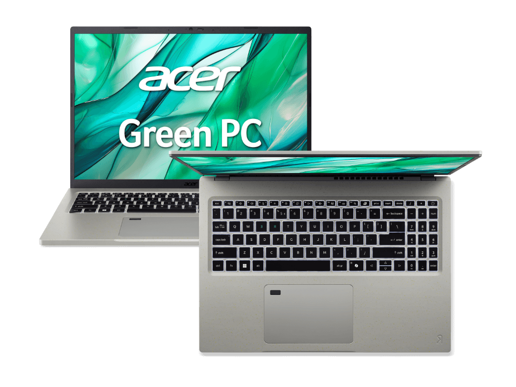 Dois notebooks Aspire Vero, um visto de frente com logo Acer Green na tela, outro visto de cima.