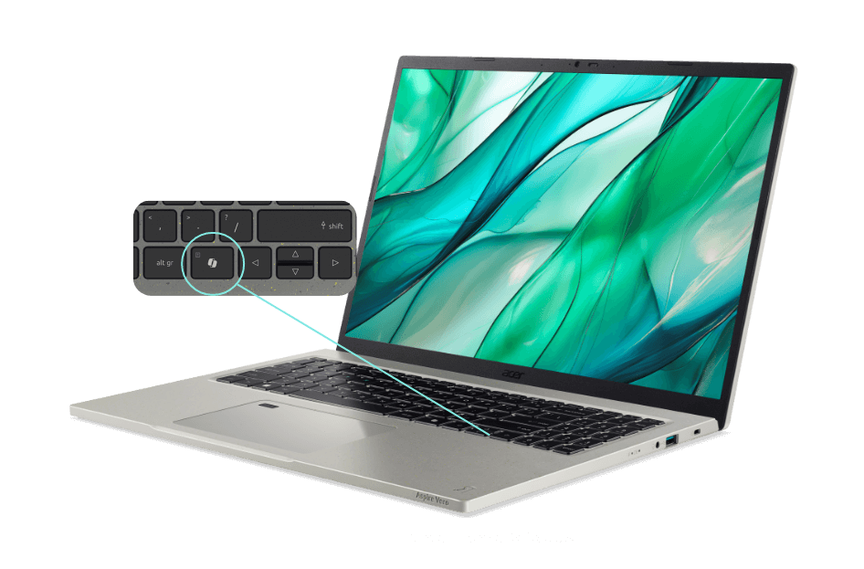 Notebook Swift Go visto de frente, exibindo detalhe do teclado e imagem de chip na tela com as letras AI.