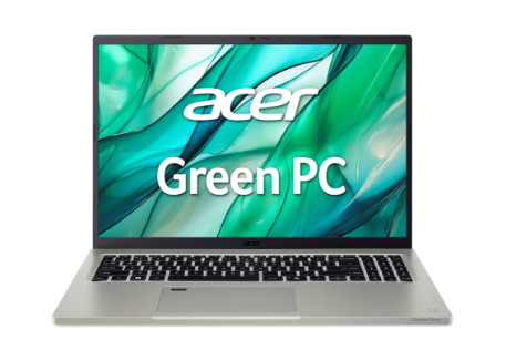 Notebook Aspire Vero visto de frente com logo Acer Green PC na tela.