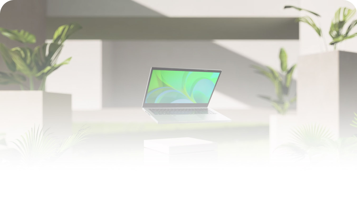 Cenário com vasos de plantas ao fundo e notebook acer visto à frente.