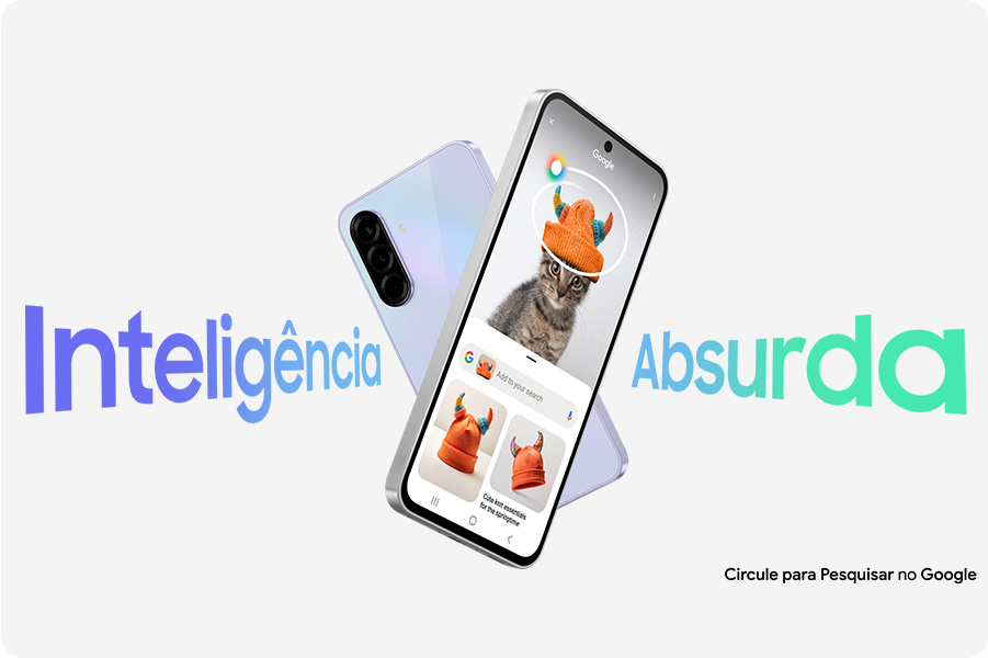 Vemos dois aparelhos Galaxy A36 5G formando um X. O dispositivo traseiro exibe a parte traseira, enquanto o frontal mostra a tela com o Circule para Pesquisar ativado. P texto  "Intelig&ecirc;ncia Absurda" aparece vis&iacute;vel. Na parte inferior direita, vemos o texto Circule para Pesquisar no Google.