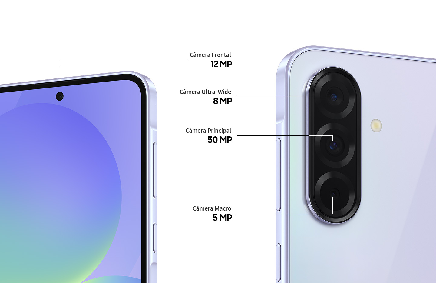 Vemos dois aparelhos Galaxy A36 5G que exibem suas câmeras. A câmera frontal destaca a Câmera Frontal de 12 MP. Na parte traseira, são mostradas as câmeras Ultra-Wide de 8 MP, Principal de 50 MP e Macro de 5 MP.