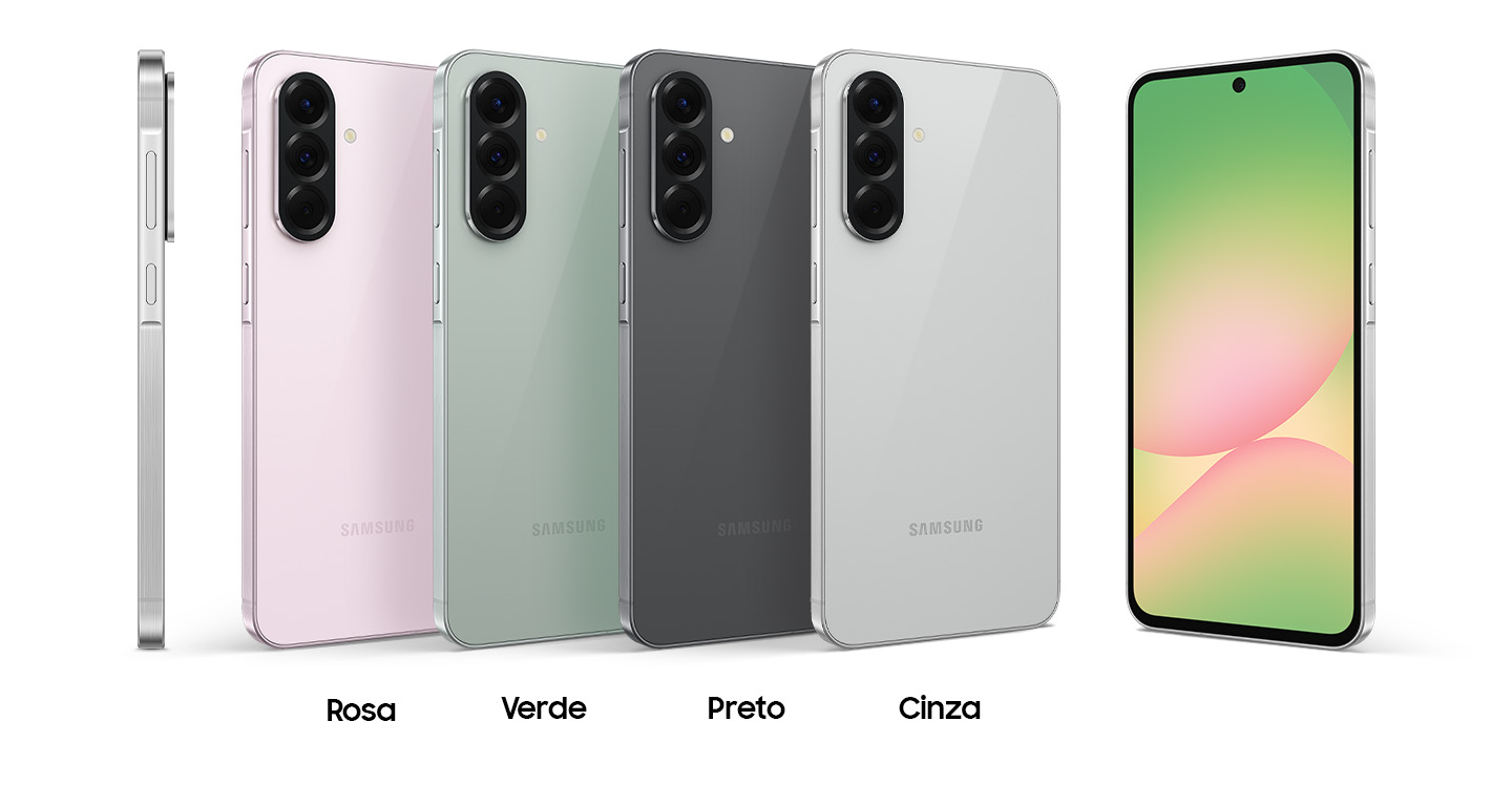 Vemos seis dispositivos Galaxy A56 5G enfileirados. O primeiro &agrave; esquerda est&aacute; de lado, destacando a espessura do aparelho. Os quatro seguintes est&atilde;o inclinados, exibindo a parte traseira com as cores Rosa, Verde, Preto e Cinza. No canto direito, h&aacute; um Galaxy A56 5G levemente inclinado exibindo a parte frontal com um gr&aacute;fico abstrato na tela.