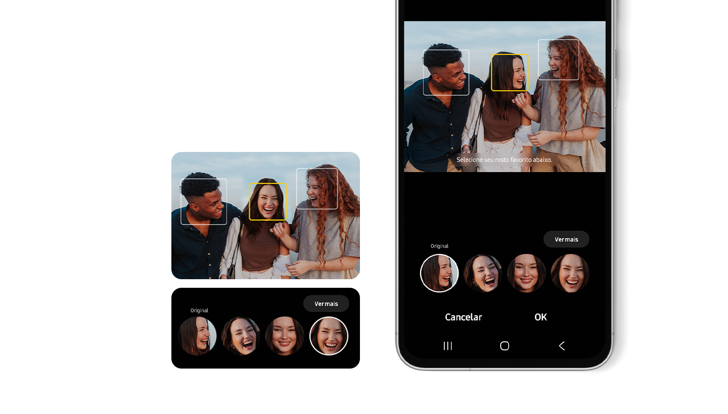 &Agrave; esquerda, vemos a GUI do recurso Best Face. &Agrave; direita, vemos parte do Galaxy A56 5G com o recurso Best Face na tela. Cada rosto de tr&ecirc;s pessoas est&aacute; em uma caixa com o texto "Selecione seu rosto favorito abaixo".